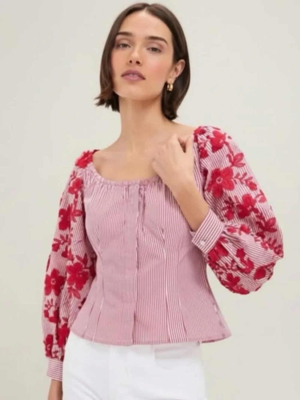 Tuckernuck Red Striped Top with Red Floral Puff Sleeves, NWT